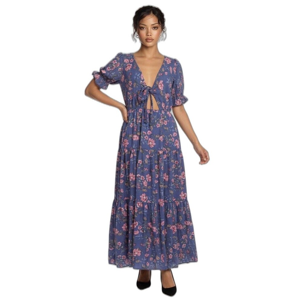 Petal + Pup Maxi Dress Womens 10 Purple Floral Puff Sleeves Cottagecore Prairie